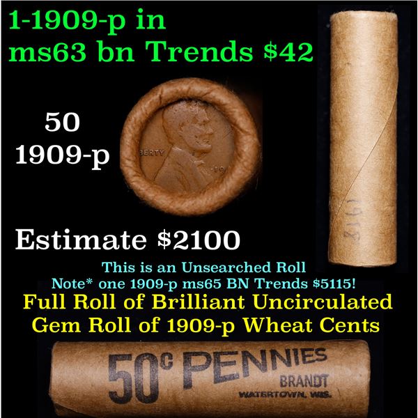 Shotgun Lincoln 1c roll, 1909-p 50 pcs Brinks Wrapper.