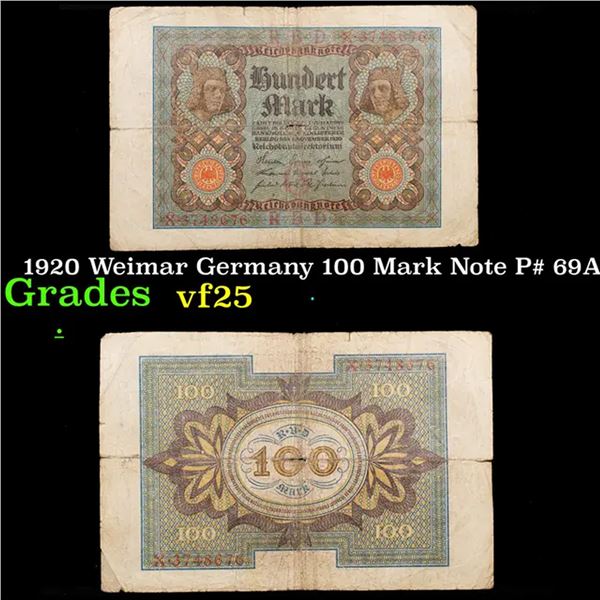 1920 Weimar Germany 100 Mark Note P# 69A Grades vf+
