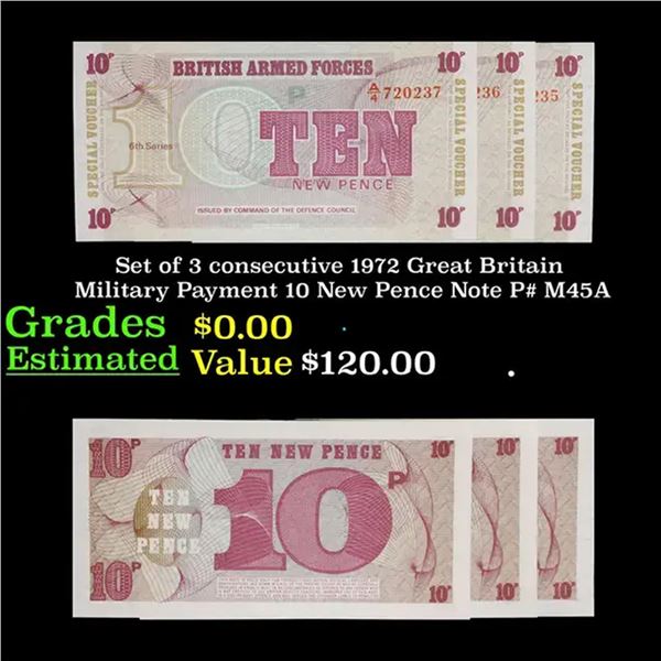 Set of 3 consecutive 1972 Great Britain Military Payment 10 New Pence Note P# M45A Grades CU