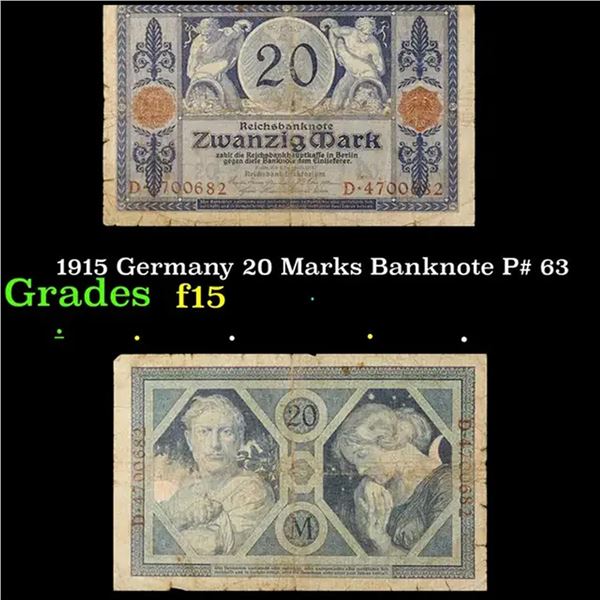 1915 Germany 20 Marks Banknote P# 63 Grades f+