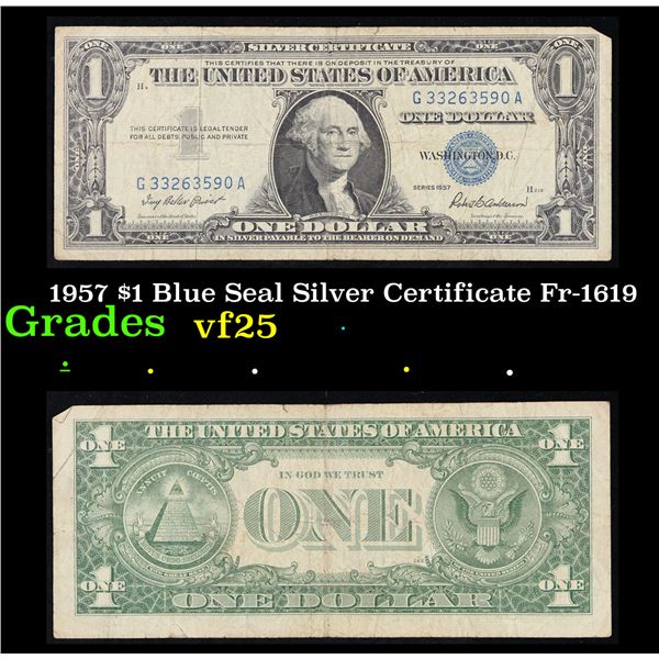 1957 $1 Blue Seal Silver Certificate Fr-1619 Grades vf+