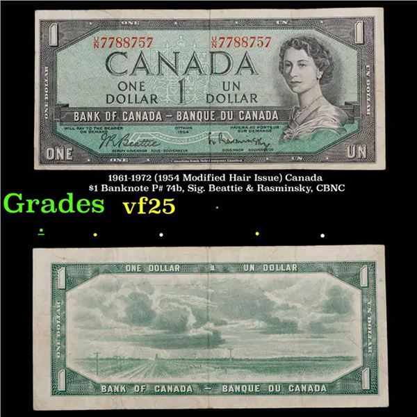 1961-1972 (1954 Modified Hair Issue) Canada $1 Banknote P# 74b, Sig. Beattie & Rasminsky, CBNC Grade
