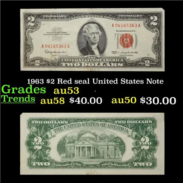 1963 $2 Red seal United States Note Grades Select AU