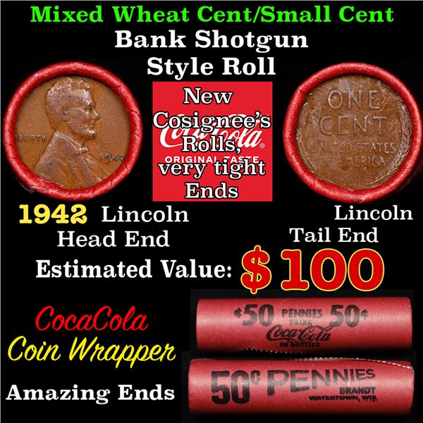 Mixed small cents 1c orig shotgun roll, 1942-p Lincoln Cent, Lincoln Cent other end, Coca-Cola Brand