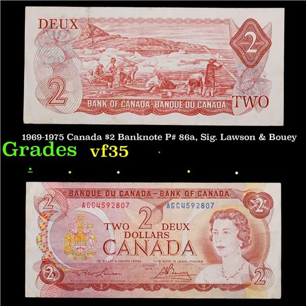 1969-1975 Canada $2 Banknote P# 86a, Sig. Lawson & Bouey Grades vf++