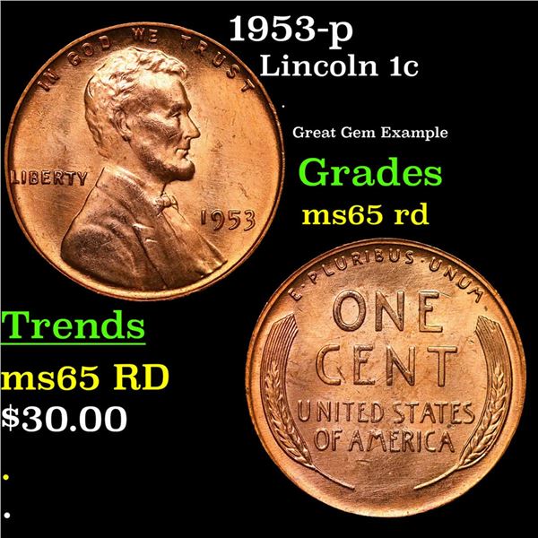 1953-p Lincoln Cent 1c Grades GEM Unc RD