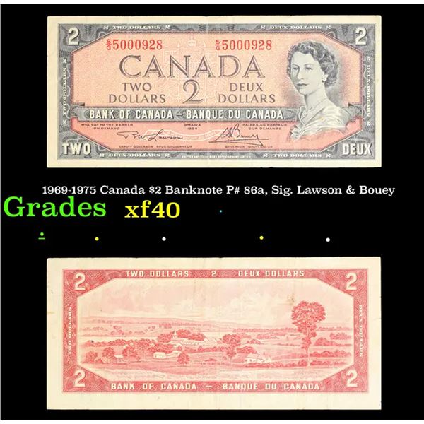 1969-1975 Canada $2 Banknote P# 86a, Sig. Lawson & Bouey Grades xf