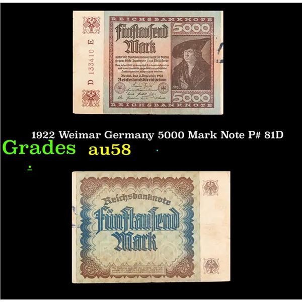 1922 Weimar Germany 5000 Mark Note P# 81D Grades Choice AU/BU Slider