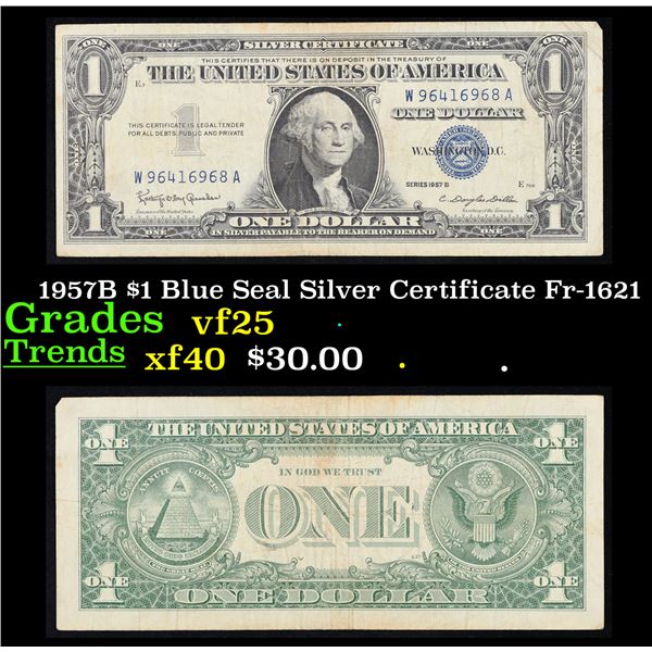 1957B $1 Blue Seal Silver Certificate Fr-1621 Grades vf+