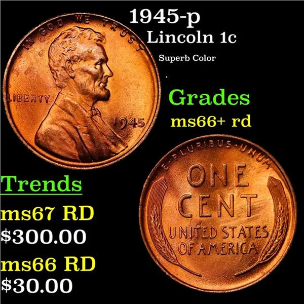 1945-p Lincoln Cent 1c Grades GEM++ RD