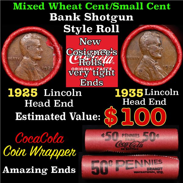 Mixed small cents 1c orig shotgun roll, 1935-p Lincoln Cent, 1925-p Lincoln Cent other end, Coca-Col