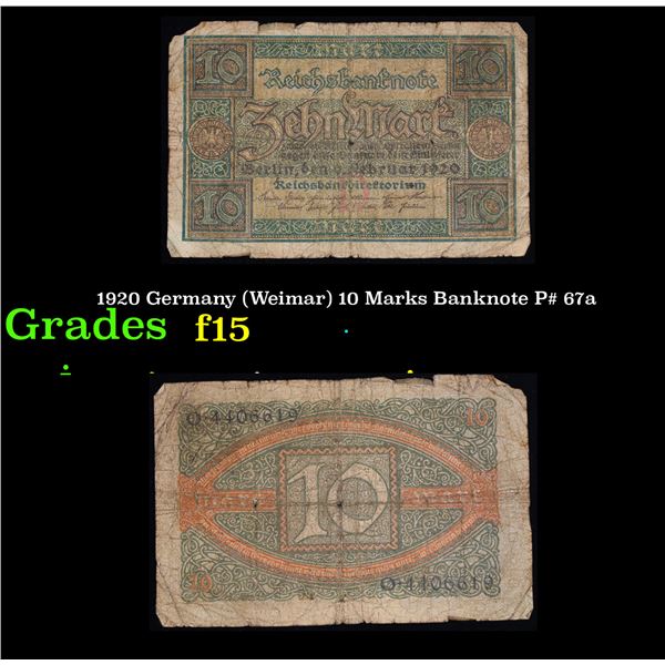1920 Germany (Weimar) 10 Marks Banknote P# 67a Grades f+