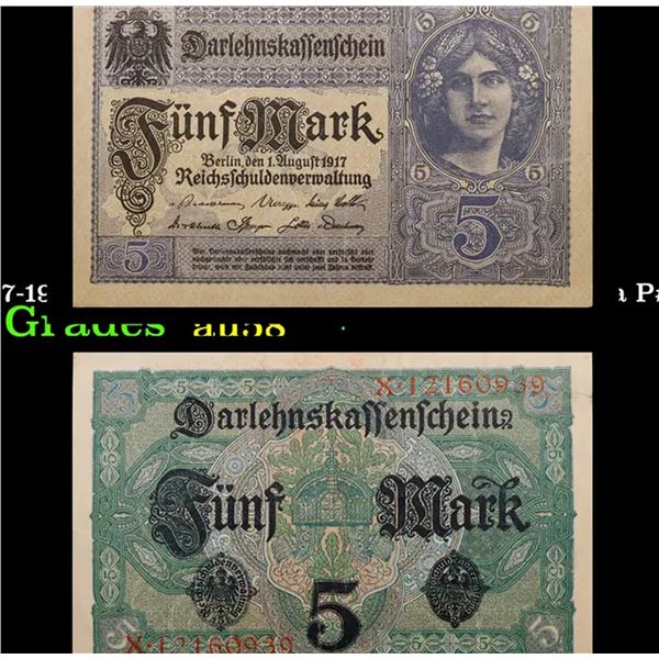 1917-1918 Germany 5 Marks Banknote WWI Era P# 56b Grades Choice AU/BU Slider