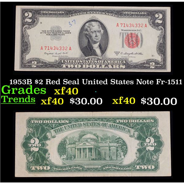 1953B $2 Red Seal United States Note Fr-1511 Grades xf