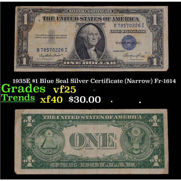 1935E $1 Blue Seal Silver Certificate (Narrow) Fr-1614 Grades vf+