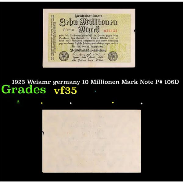 1923 Weimar Germany 10 Millionen Mark Note P# 106D Grades vf++