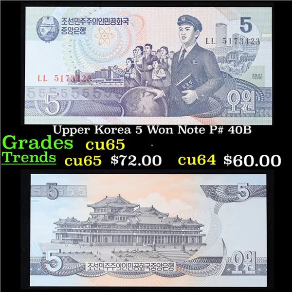 Upper Korea 5 Won Note P# 40B Grades Gem CU