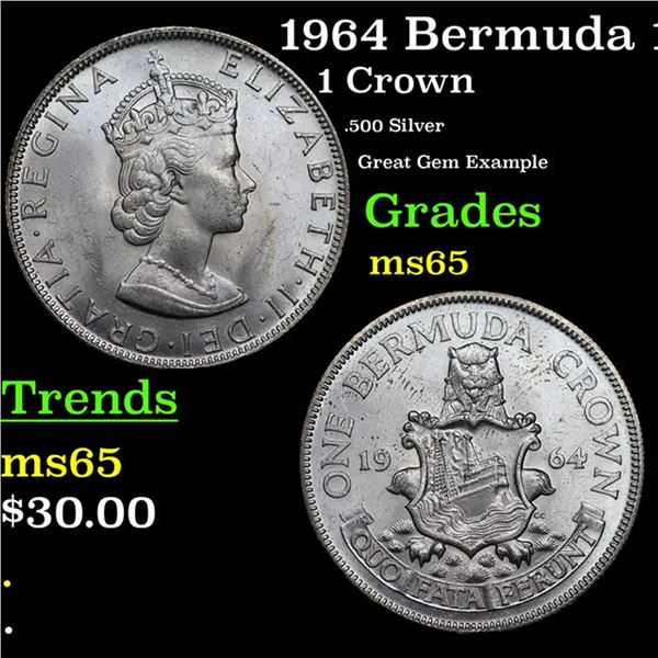 1964 Bermuda 1 Crown Silver Coin KM# 14 Grades GEM Unc