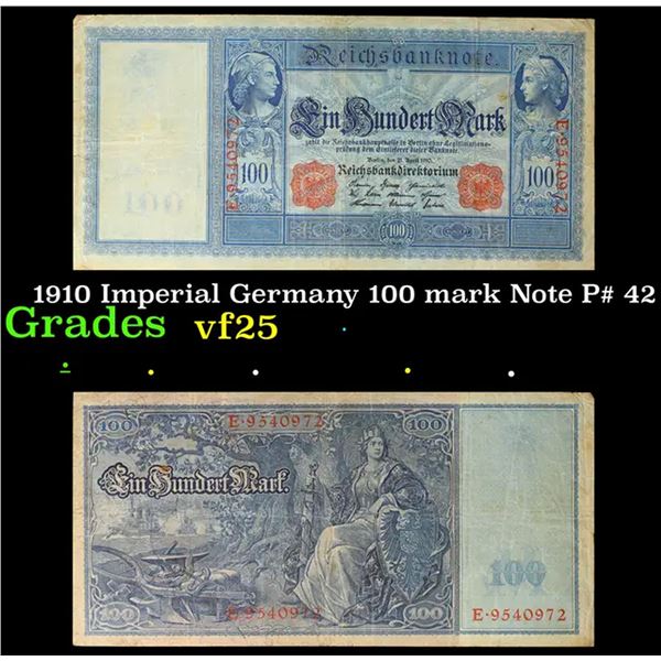 1910 Imperial Germany 100 mark Note P# 42 Grades vf+