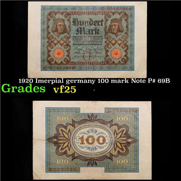 1920 Imerpial Germany 100 mark Note P# 69B Grades vf+