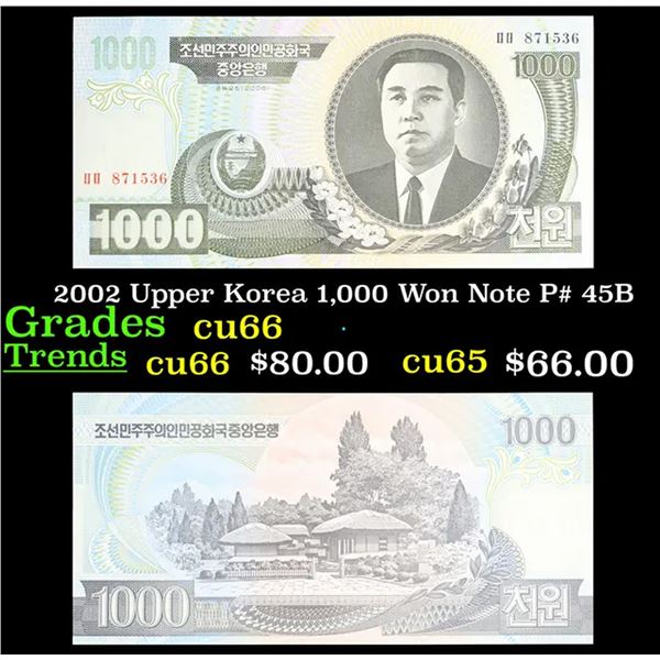 2002 Upper Korea 1,000 Won Note P# 45B Grades Gem+ CU