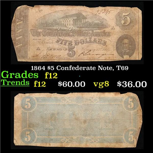 1864 $5 Confederate Note, T69 Grades f, fine