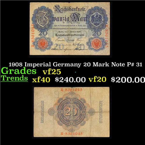 1908 Imperial Germany 20 Mark Note P# 31 Grades vf+