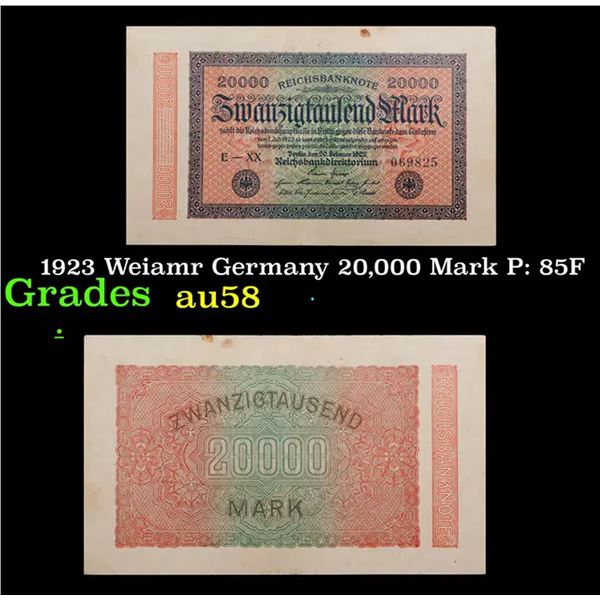 1923 Weiamr Germany 20,000 Mark P: 85F Grades Choice AU/BU Slider