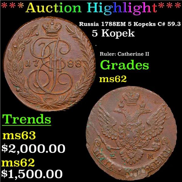 Russia 1788?? 5 Kopeks C# 59.3 Grades Select Unc