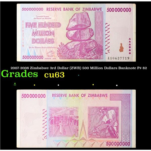2007-2008 Zimbabwe 3rd Dollar (ZWR) 500 Million Dollars Banknote P# 82 Grades Select CU