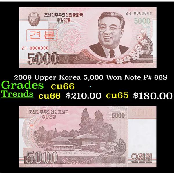 2009 Upper Korea 5,000 Won Note P# 66S Grades Gem+ CU