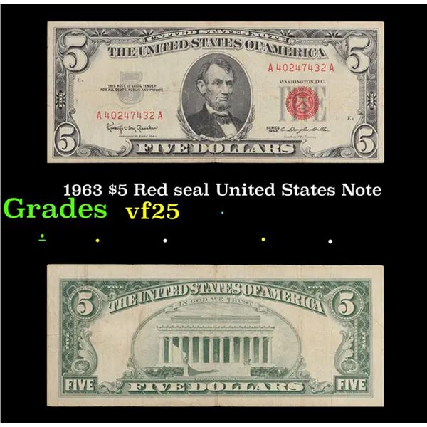 1963 $5 Red seal United States Note Grades vf+