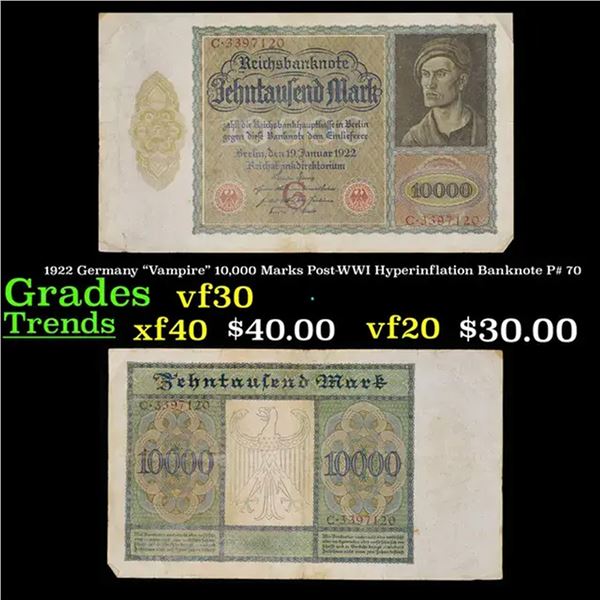 1922 Germany "Vampire" 10,000 Marks Post-WWI Hyperinflation Banknote P# 70 Grades vf++
