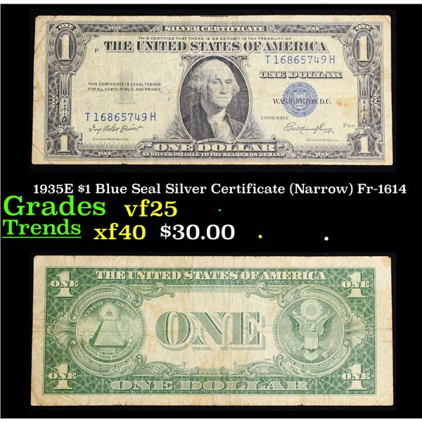 1935E $1 Blue Seal Silver Certificate (Narrow) Fr-1614 Grades vf+