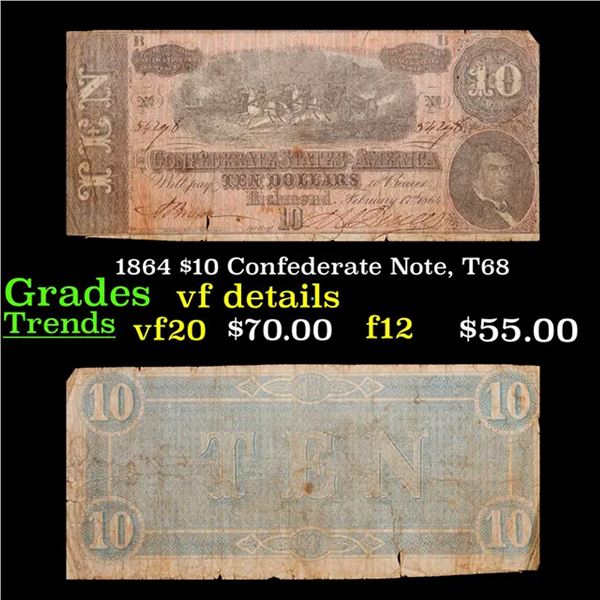 1864 $10 Confederate Note, T68 Grades vf details