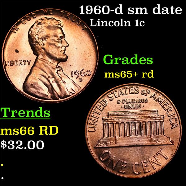 1960-d sm date Lincoln Cent 1c Grades Gem+ Unc RD
