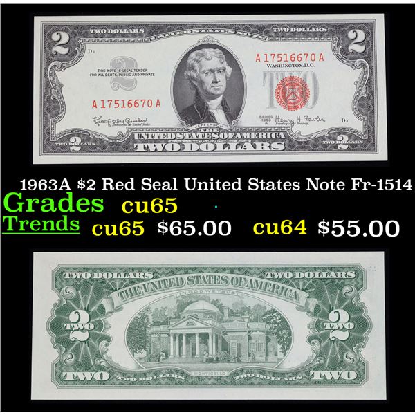 1963A $2 Red Seal United States Note Fr-1514 Grades Gem CU