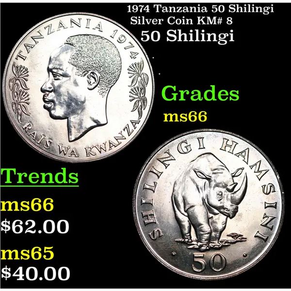 1974 Tanzania 50 Shilingi Silver Coin KM# 8 Grades GEM+ Unc