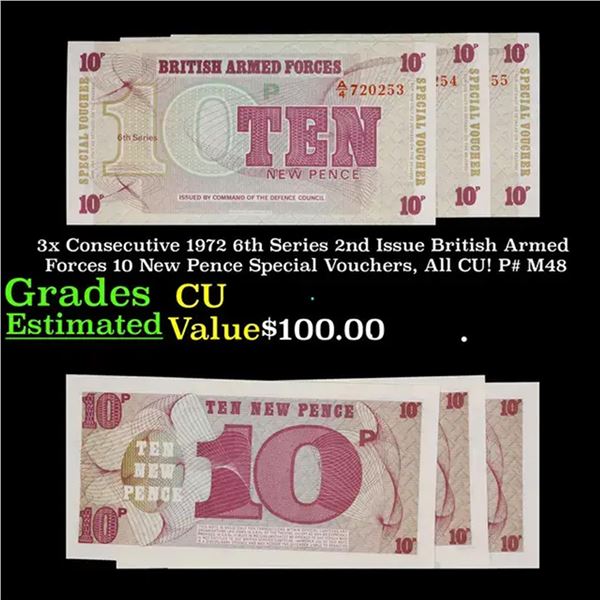 3x Consecutive 1972 6th Series 2nd Issue British Armed Forces 10 New Pence Special Vouchers, All CU!
