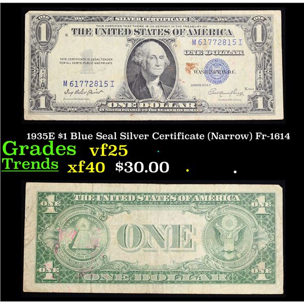 1935E $1 Blue Seal Silver Certificate (Narrow) Fr-1614 Grades vf+