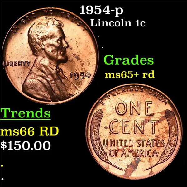 1954-p Lincoln Cent 1c Grades Gem+ Unc RD