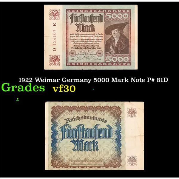 1922 Weimar Germany 5000 Mark Note P# 81D Grades vf++