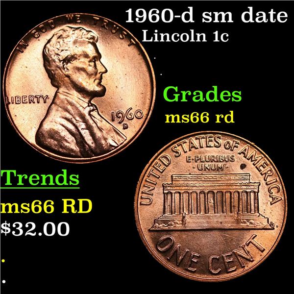 1960-d sm date Lincoln Cent 1c Grades GEM+ Unc RD
