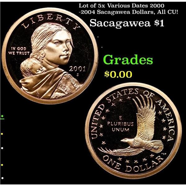 Lot of 5x Various Dates 2000-2004 Sacagawea Dollars, All CU! Grades