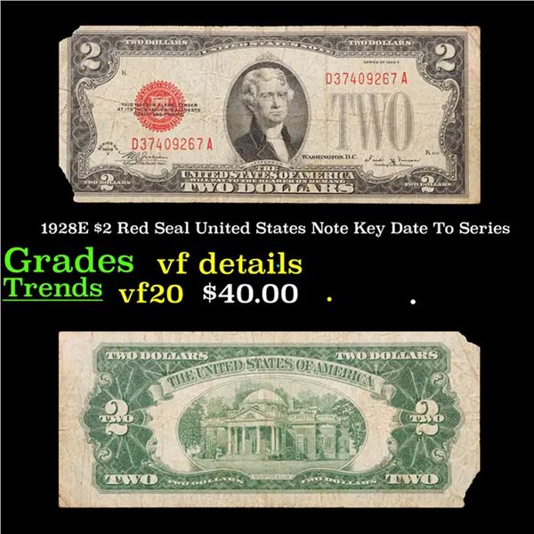 1928E $2 Red Seal United States Note Key Date To Series Grades vf details