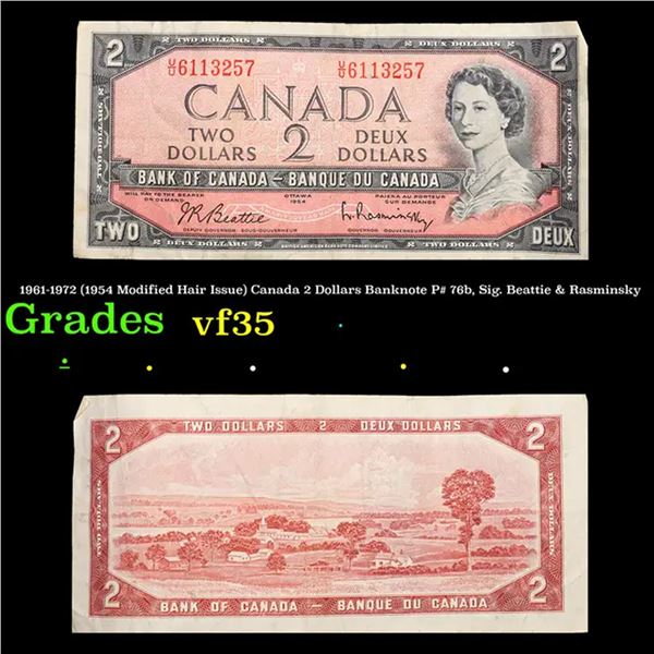 1961-1972 (1954 Modified Hair Issue) Canada 2 Dollars Banknote P# 76b, Sig. Beattie & Rasminsky Grad