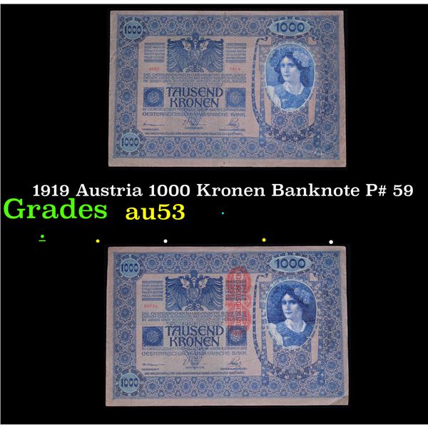 1919 Austria 1000 Kronen Banknote P# 59 Grades Select AU