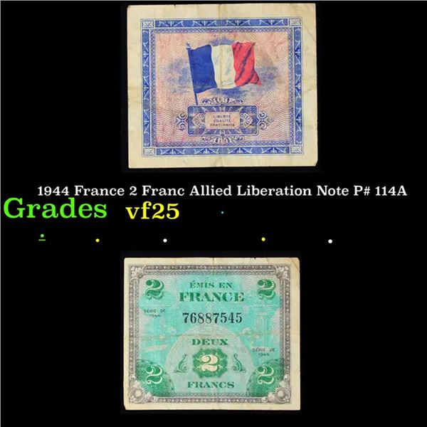1944 France 2 Franc Allied Liberation Note P# 114A Grades vf+