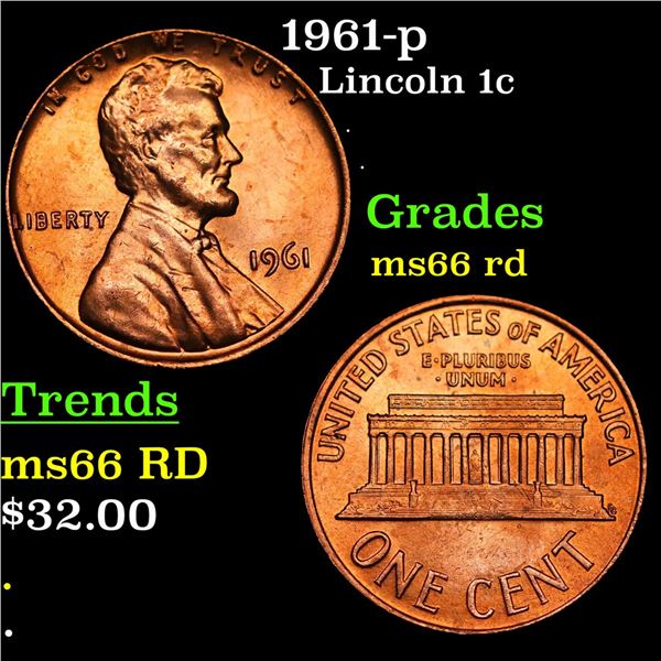 1961-p Lincoln Cent 1c Grades GEM+ Unc RD