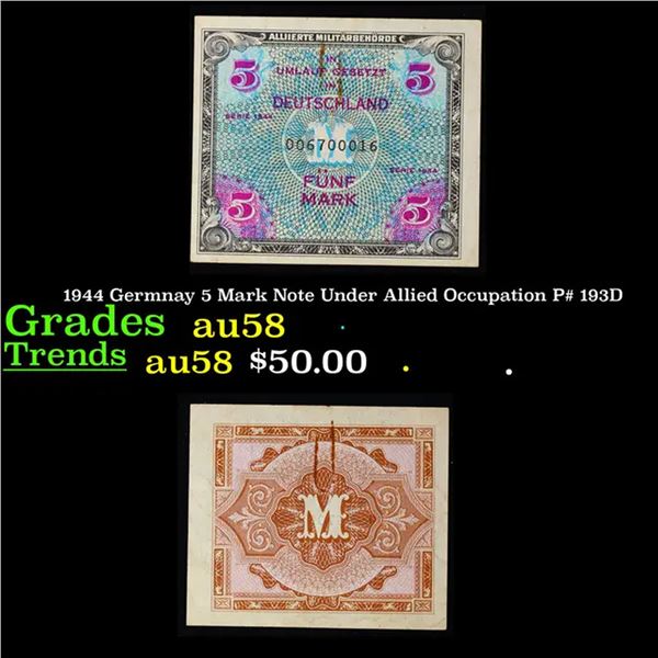 1944 Germnay 5 Mark Note Under Allied Occupation P# 193D Grades Choice AU/BU Slider